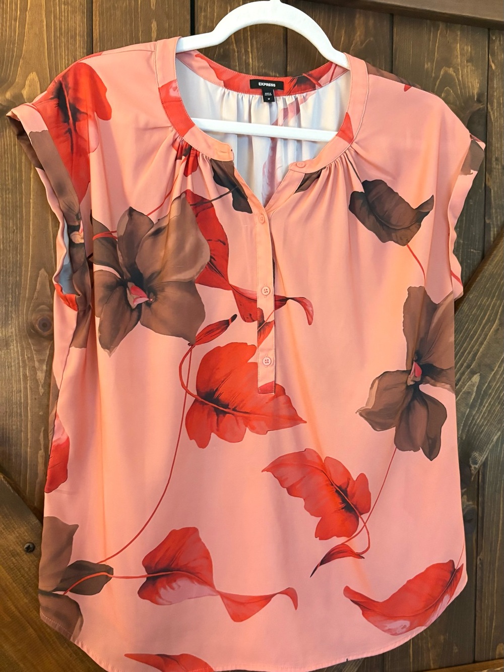Express Light Coral/Pink/Red Rolled Sleeve Button—up Top